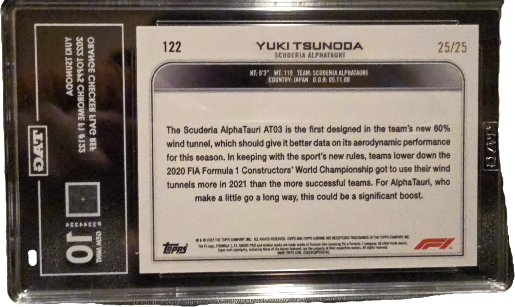 2022 Topps Chrome F1 - Yuki Tsunoda Orange Checkered #25/25 Final Print 1/1 SSP Graded 10 - Image 3