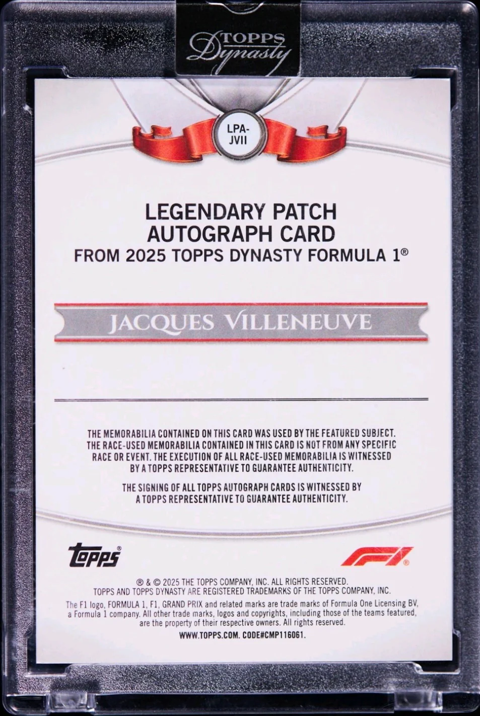 Topps Dynasty 2025 - Jacques Villeneuve On Card Autograph - Race Worn Patch #6/10 SSP World Champion - Image 2